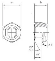 Technical sketch of Auto-Lok® ALNtpd two-point deformed nut (Metric, A4-80)